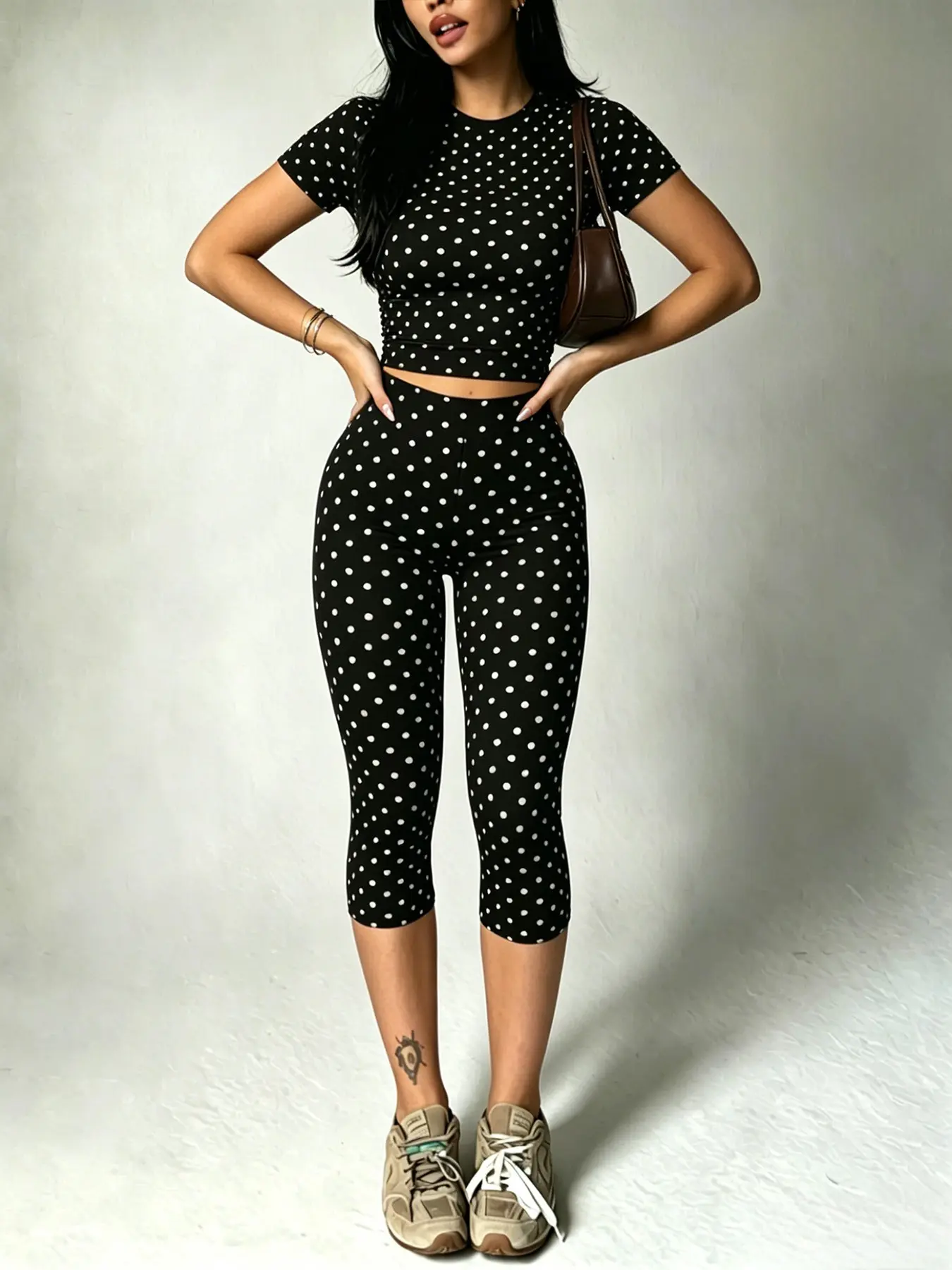 Y2K Fashion Polka Dot Short Sleeve T-Shirt Set, High Waist Tightening Two-Piece, Spring Summer Casual Wear, Round Neck Tee, Top, Pants
