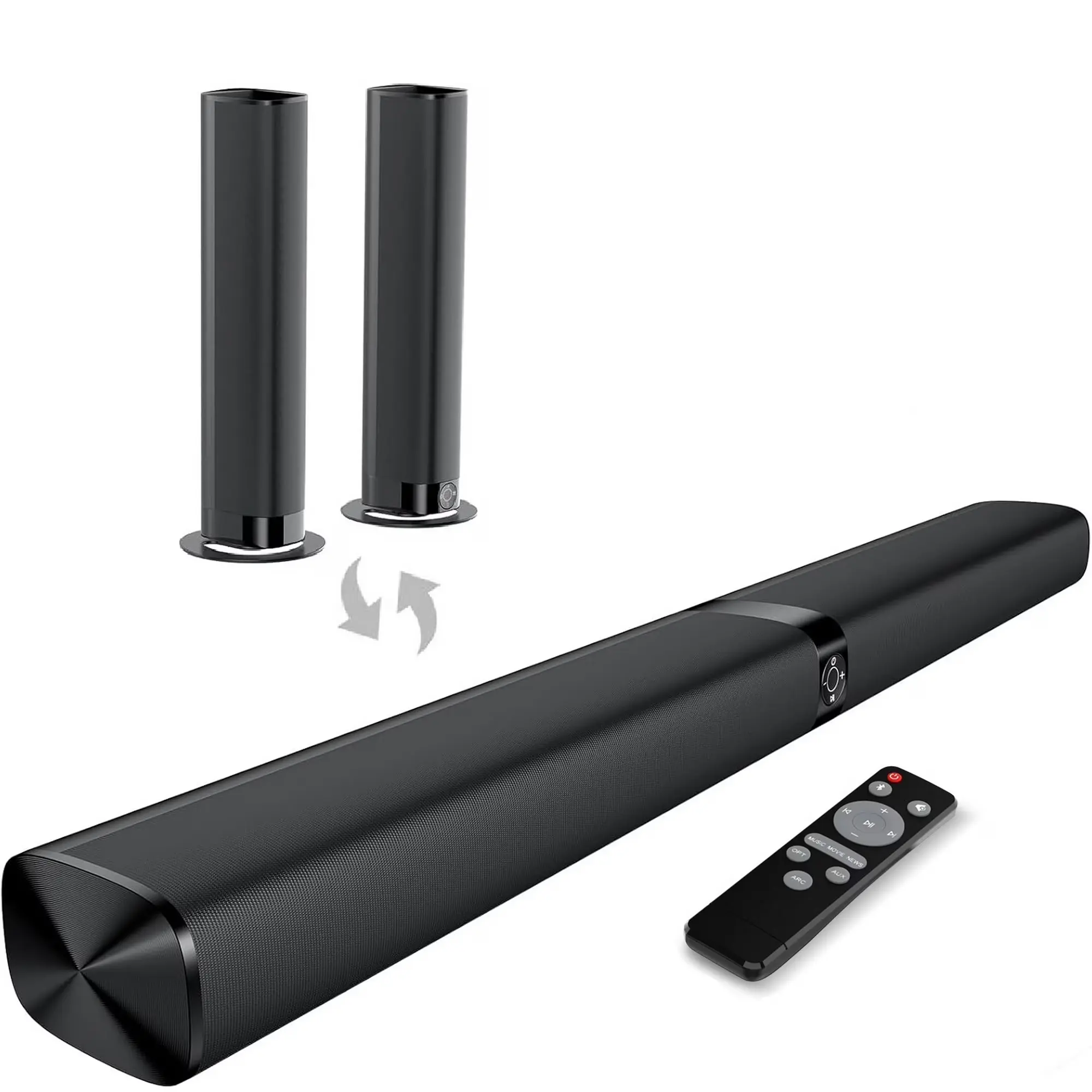 Sound Bar for Smart TV, Soundbar with Bluetooth/ARC/Opt/AUX Connect, Auto Volume Boost, 3 Equalizer Modes, 2 in 1 Detachable Soundbar for TV/PC/Gaming/Projectors/A