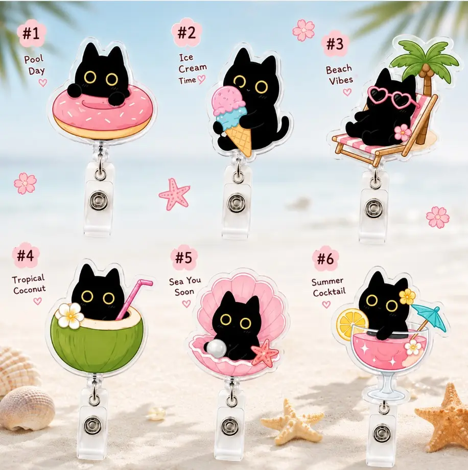 Cute Summer Black Cat Acrylic 2D Badge Reel Set Retractable ID Card Holder Pack Pink Beach Ice Cream Name Tag Clip for Nurse Teacher Office Gift