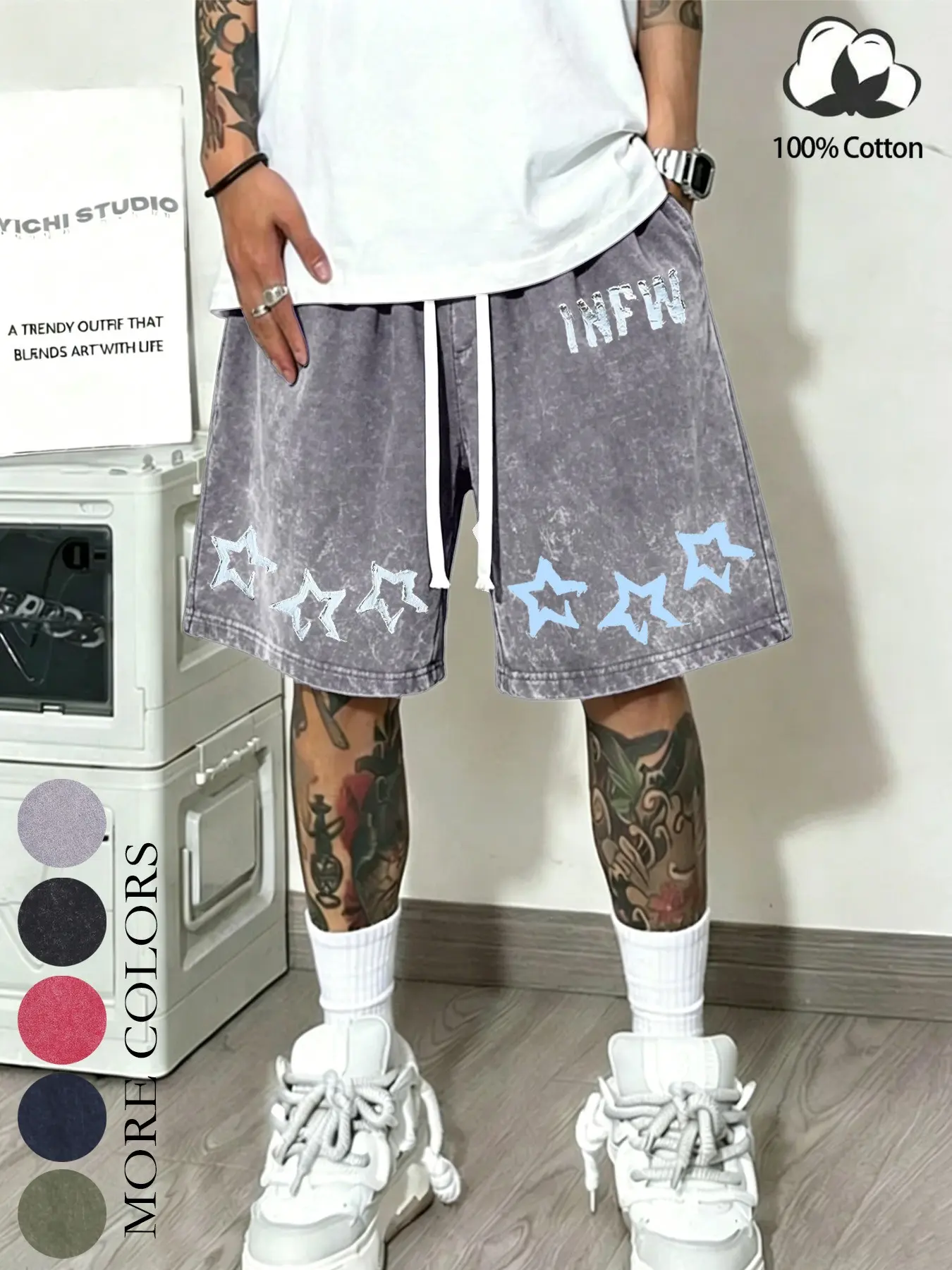 Unisex street style 100% cotton shorts, Daily casual shorts, Graphic shorts, with a star-letter pattern print, relaxed fit, drawstring waistband, casual design, for everyday wear, personal style, trendy street fashion, suitable for hip-hop, commuting