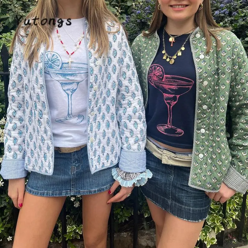 Women's Reversible Floral Print Quilted Jacket, Casual Button-Down Mock Neck Polyester Outerwear Coat, Lady, Longsleeves, Printed, Double Sided Printed, Quilted Lightweight Jacket