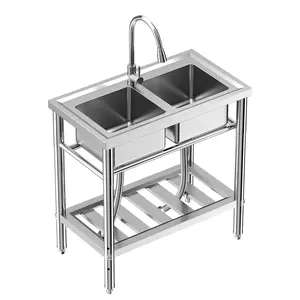 Stainless Steel Utility Sink, Freestanding Sink with 2 Compartments NSF Commercial Kitchen Sink Prep & Utility Double Bowl Sinks for Garage, Restaurant, Laundry