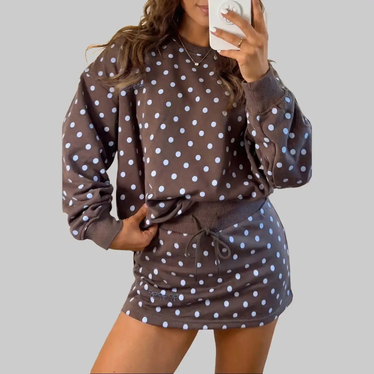 Women's Brown Polka Dot 2-Piece Mini Skirt Set - Soft Stretchy Long-Sleeve Crewneck Pullover Sweatshirt with Cute Embroidered Bow, 95% Polyester Buttery Soft Fabric, Oversized Relaxed Fit for Curvy Plus Size Casual Loungewear