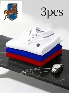 Men's Short Sleeve Polo Golf Shirt Set, Horse Logo Print, Colorful Stripes, Breathable Fabric, Classic Casual & Business Wear, Summer Essential, Breathable Sportswear Top