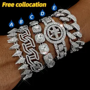 Diamond Cuban Chain Bracelet Set with Spiked Alloy Rhinestone for Hip Hop Style Ideal as Gift for Girlfriend