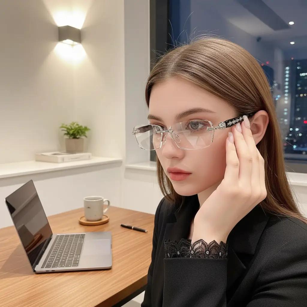 Frameless HD Vision Glasses with Clear Lenses Diamond-Cut Edges Fashion Metal Temple Decor for Computer Street Style Party Unisex Women Men Daily Spring Statements Lightweight