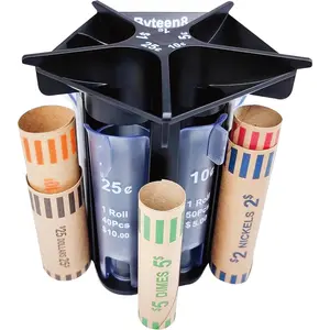 Manual 5-in-1 Black Coin Counter Sorter Tube with Coin Wrappers, Coin Organizer Change Counter Machine Coin Roller Coin Bank Holder Sort Loose Change Quickly Easy to Use & Accurate