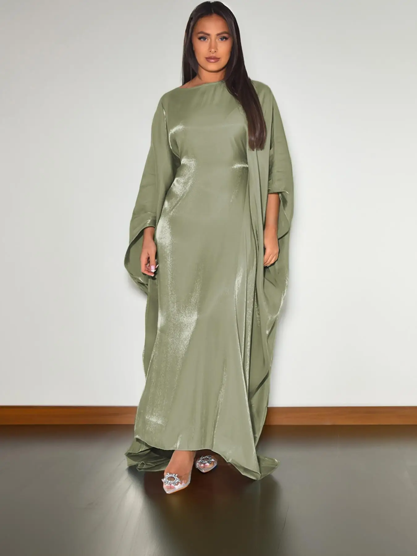 Women's Solid Batwing Sleeve Kaftan Dress, Modest Long Sleeve Round Neck Maxi Dress for Daily Wear, Women's Islamic Clothing for Fall