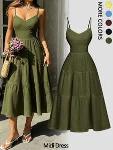 Elegant Plain Fitted Dress with Thin Straps and Layered Ruffle Waist, Medium-Length Casual Women's Dress, Lightweight and Comfortable [midi dress]