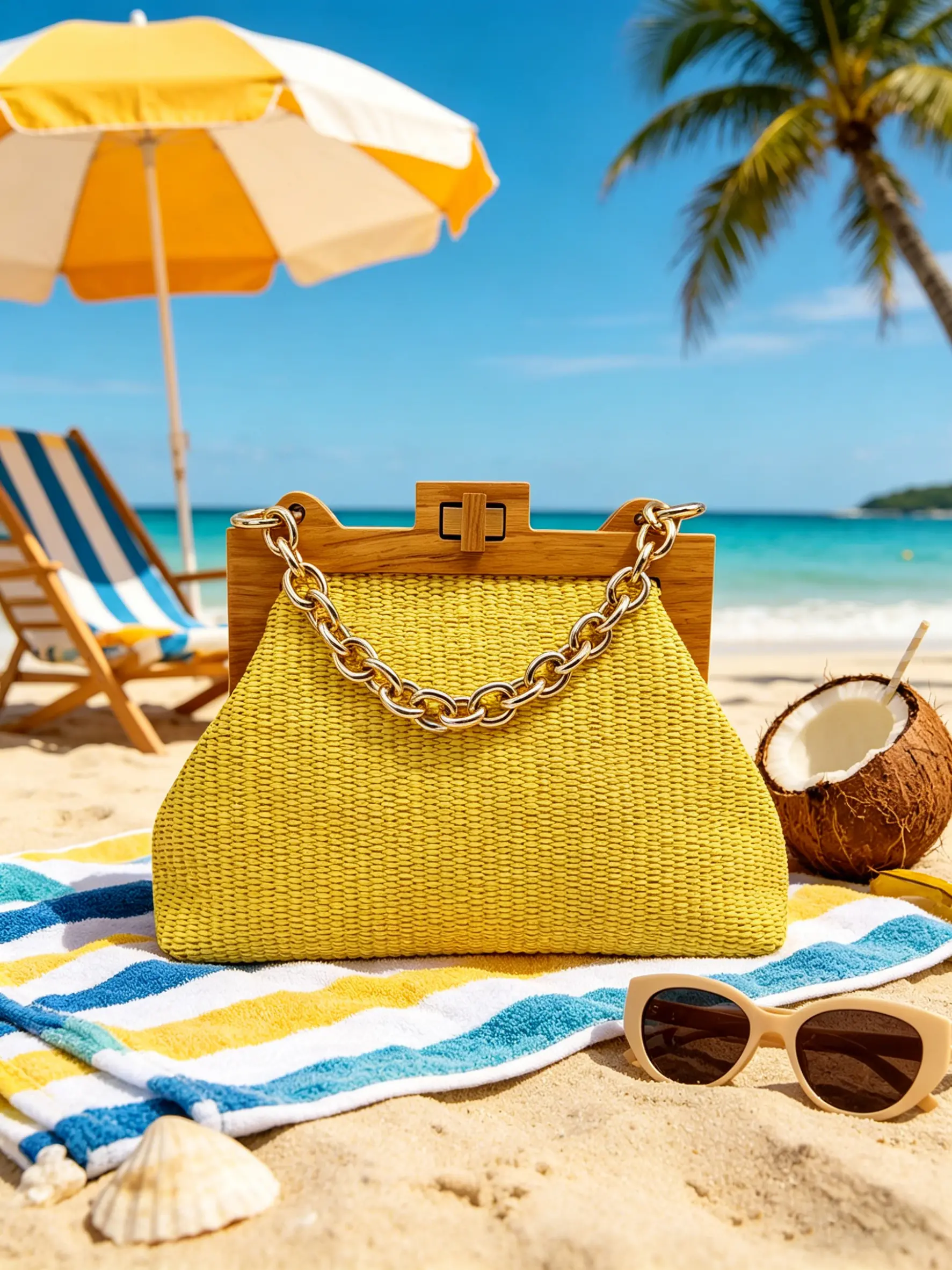 2026 New Lemon Striped Woven Resort Handbag, Summer Beach Travel, Daily Casual, Picnic Camping, Boho Style, Large Capacity, Synthetic Fiber, Casual Handbags