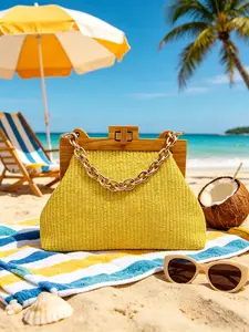 2026 New Lemon Striped Woven Resort Handbag, Summer Beach Travel, Daily Casual, Picnic Camping, Boho Style, Large Capacity, Synthetic Fiber, Casual Handbags