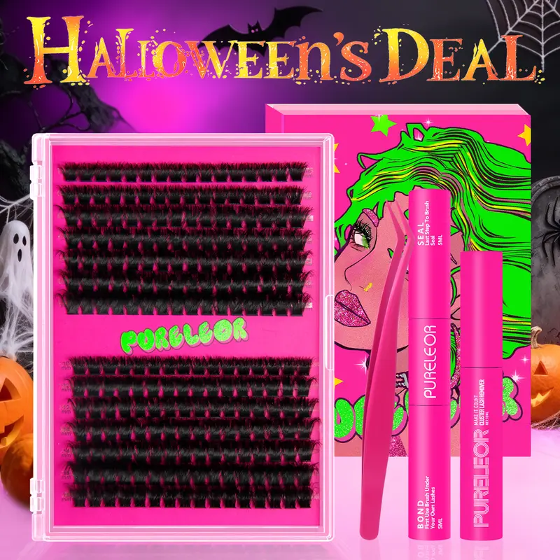 PURELEOR Cluster Lashes Kit D Curl - DIY Lash Extensions Kit for Eyes, Volumizing Natural to Dramatic Look, Mixed 10-16mm 0.07mm Clusters with Waterproof Lash Bond & Seal, Beginner Friendly