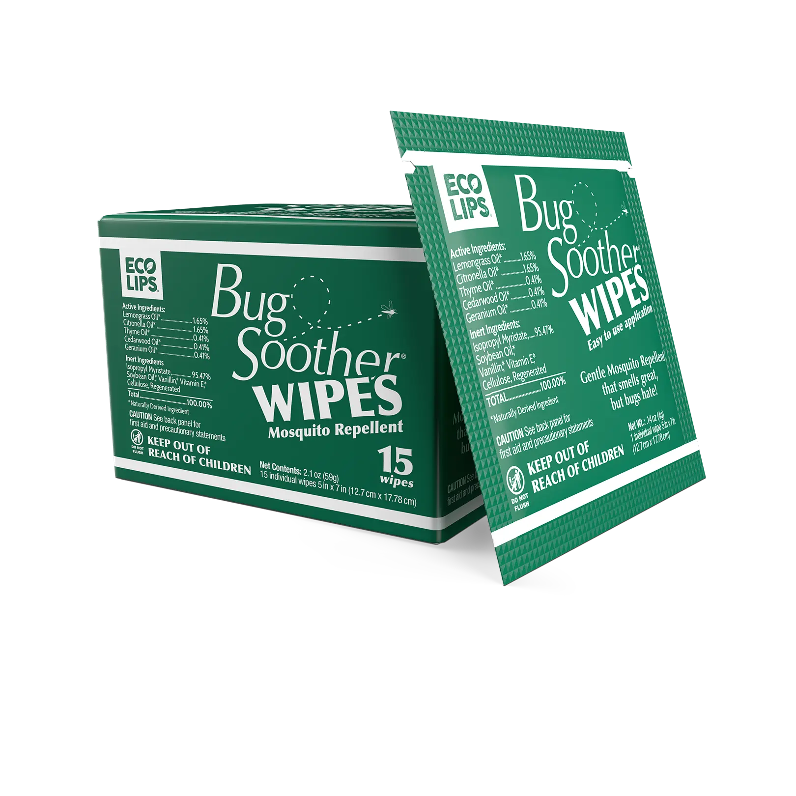 ECO LIPS, INC. Bug Soother Natural Mosquito Repellent Wipes 15-count - Soft Lemongrass Vanilla Scent for Outdoor Protection & Easy Application