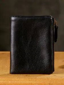 1 piece, handmade original men's short wallet, genuine leather vertical style, casual zipper wallet, women's personalized soft leather, Korean and Japanese simple trendy style