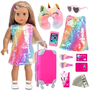 DEARBEI 18 Inch Girl Doll Accessories Case Luggage Travel Play Set with Clothes, Bag, Travel Pillow, Glasses, Computer, Pretend Makeup Toy, Stuff for 18 Inch Doll - Christmas Birthday Gift