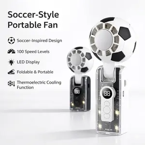 Portable Soccer Handheld Fan, USB Rechargeable Foldable Desk Fan with LED Display, 100-Speed Mini Personal Cooling Fan for Travel, Office, Outdoor Summer