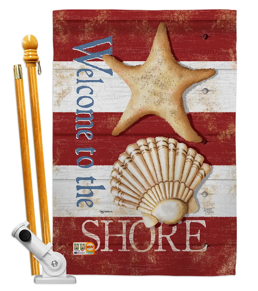 Breeze Decor BD-NA-HS-107058-IP-BO-D-US18-SB 28x40 in. Hanging Coastal Nautical Print Vertical Double-Sided House Flag Set with Wood Pole Bracket Hardware for Wall Garden Home Improvement Decor