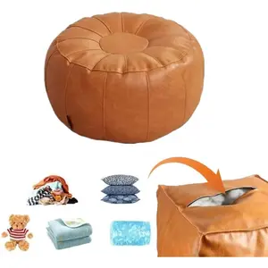 Round Orange Leather Storage Ottoman Foot Rest Stool with Zipper for Living Room Under Desk Sofa Bedside Stuffable Organizer for Blankets Pillows