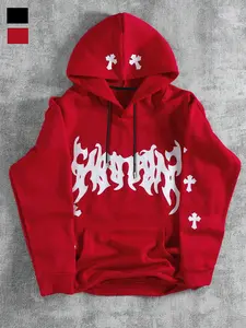 Men's Y2K Gothic Flame Print Hoodie, Loose Cross Pattern Pullover, Casual Fashion Sweatshirt, Winter Streetwear Hip Hop Style, Casual Fitted Fabric