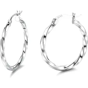 Sanfenly 1 Pair 925 Sterling Silver Twisted Hoop Earrings for Women, Platinum Plated Mini Hoop Earrings, Lightweight Huggie Hinge Hoop Earrings, 30MM, Fashionable Hoop Earrings, Minimalist Earrings, Twisted Shape