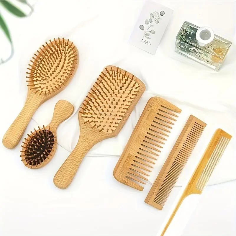 6-In-1 Natural Bamboo Air Cushion Comb Set, Wide Tooth Comb, Pointed Tail Styling Comb, Portable Massage Hair Comb, Scalp Care for All Hair Types, Salon Styling Brush