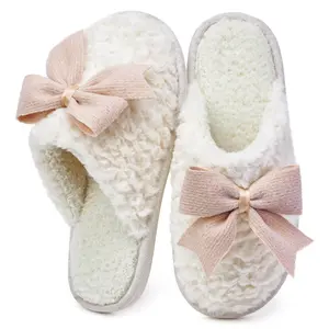 Women's Cute Cartoon Bowknot Pattern Plush Slippers, Casual Soft Comfortable Home Slippers, Warm Slippers for Indoor & Outdoor Use for Fall & Winter, Warm House Slippers Footwear Walking Shoes Pink
