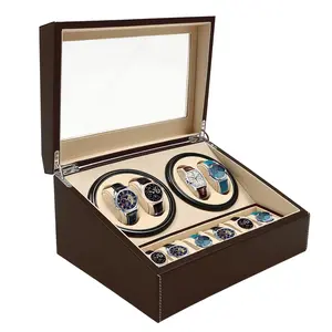 Bronze Leather Watch Winder Box | 4 Automatic Wind + 6 Storage Slots | Quiet Motor & Compact Design