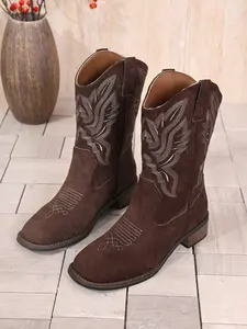 Women's Coffee Vintage Embroidered Western Cowboy Boots, Mid-Calf Faux Deer Suede Fabric, Feather Pattern, All Seasons, All Match Boots