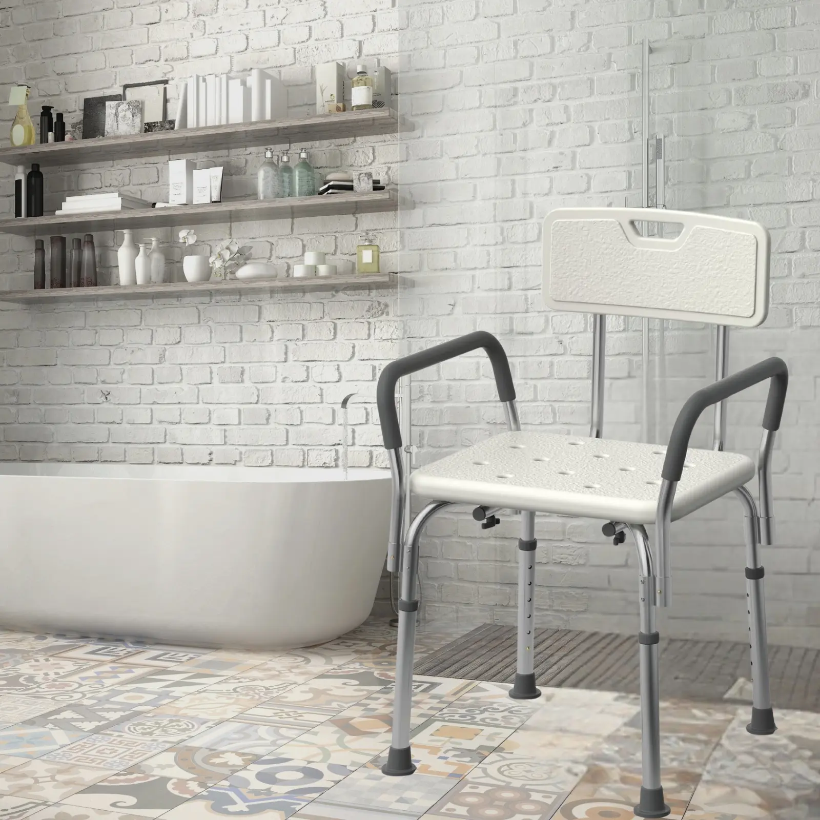 Shower Chair with Padded Armrests & Back, Adjustable Height Shower Stool for Bathtub, Slip Resistant Shower Bench Seat with 350 lb Capacity