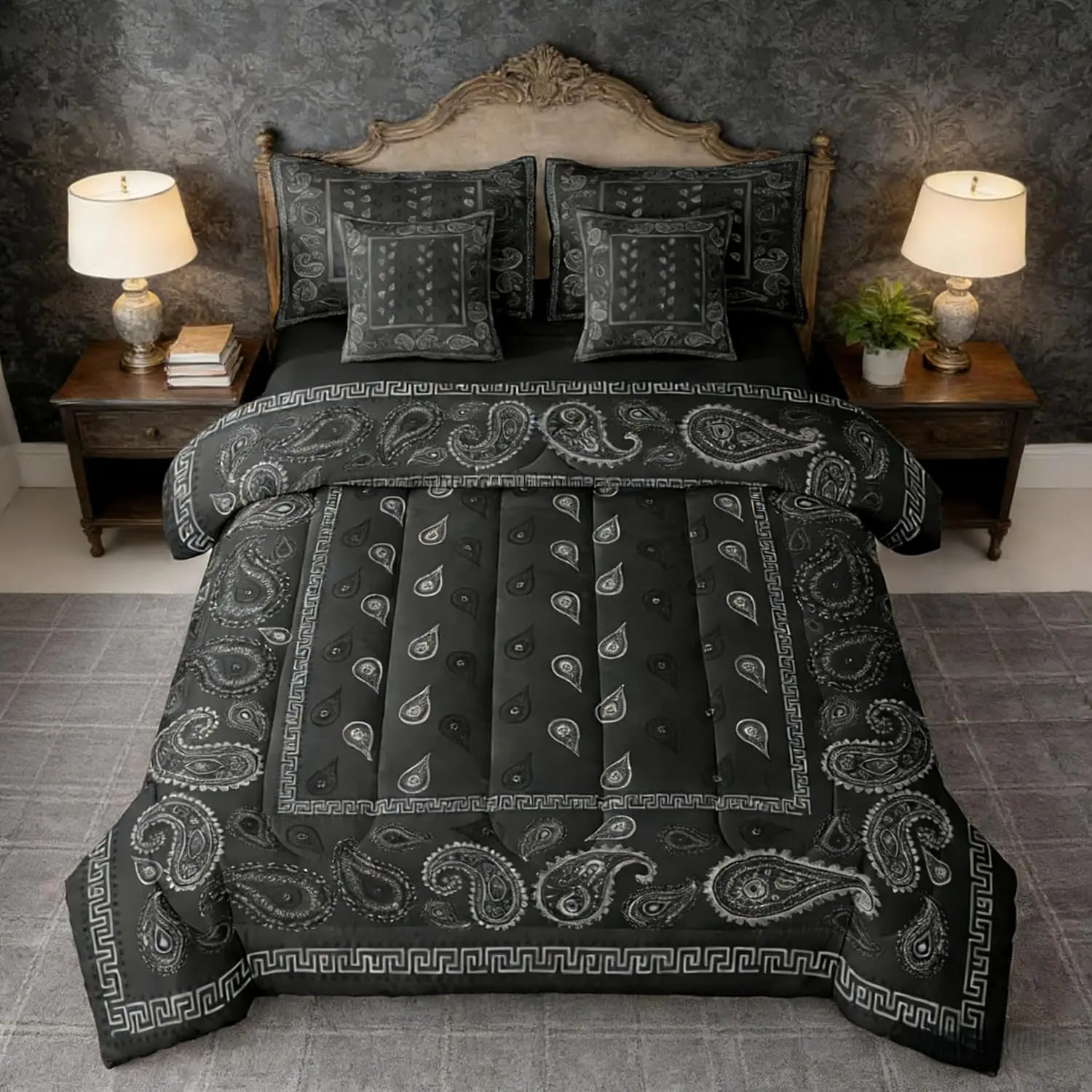 Black Bandana 7pcs Comforter Set,Bohemian Paisley Bandanas Bedding Set for All Season,Boho Chic Floral Bed in A Bag with Comforter,Sheets and Pillowcases,Women Man Room Decor