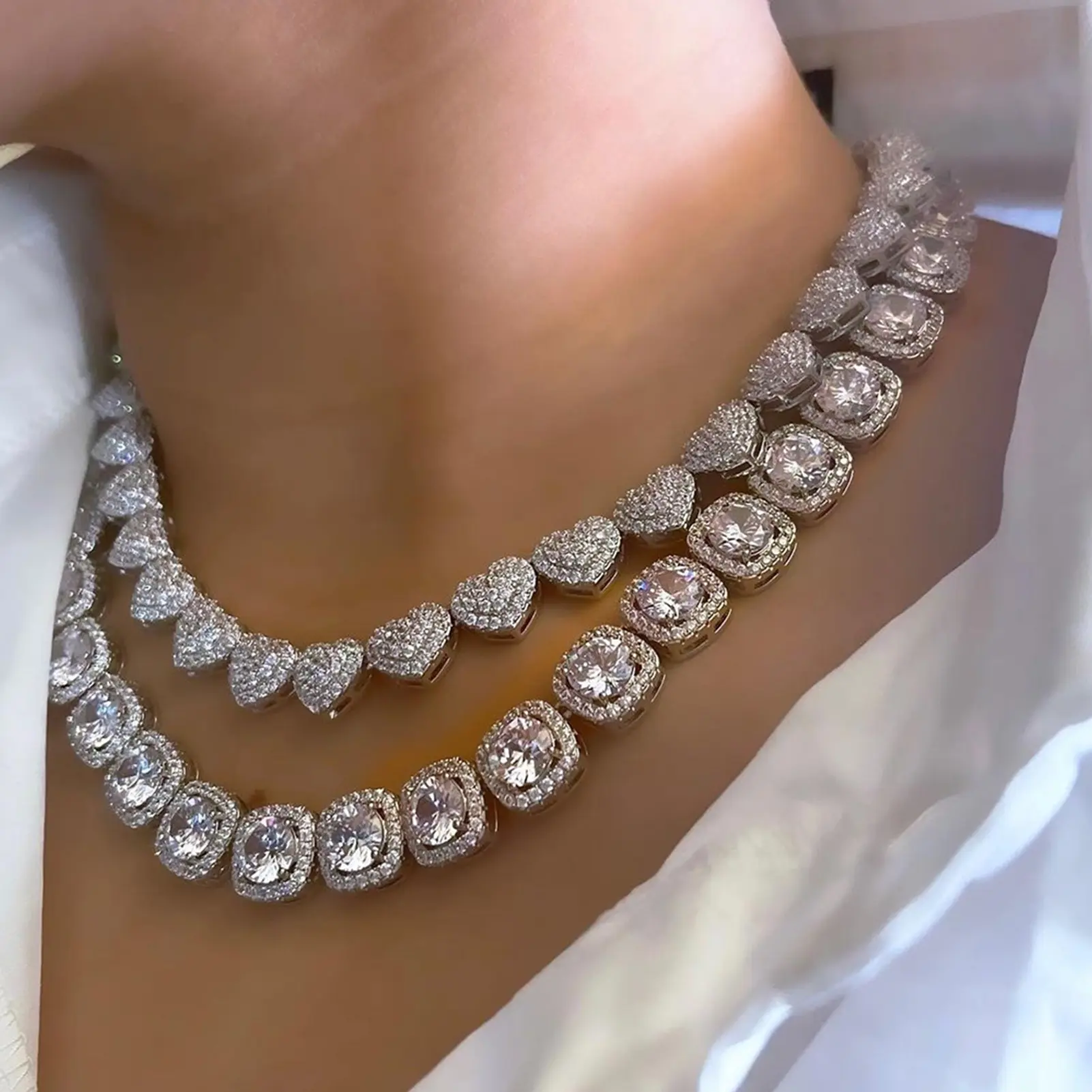 2PCS Cuban Link Chain for Women Clustered Diamond Tennis Necklace Set Heart Necklace Hip Hop Jewelry Sets