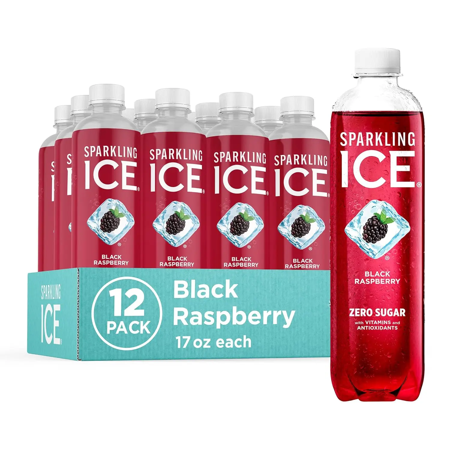 Sparkling Ice Black Raspberry Sparkling Water - 17 fl oz Bottles (Pack of 12), Sugar Free, No Added Sugar, Convenient Size, Green Tea Infused, Vitamins, Antioxidants, Low Calorie, Healthier Choice Beverage