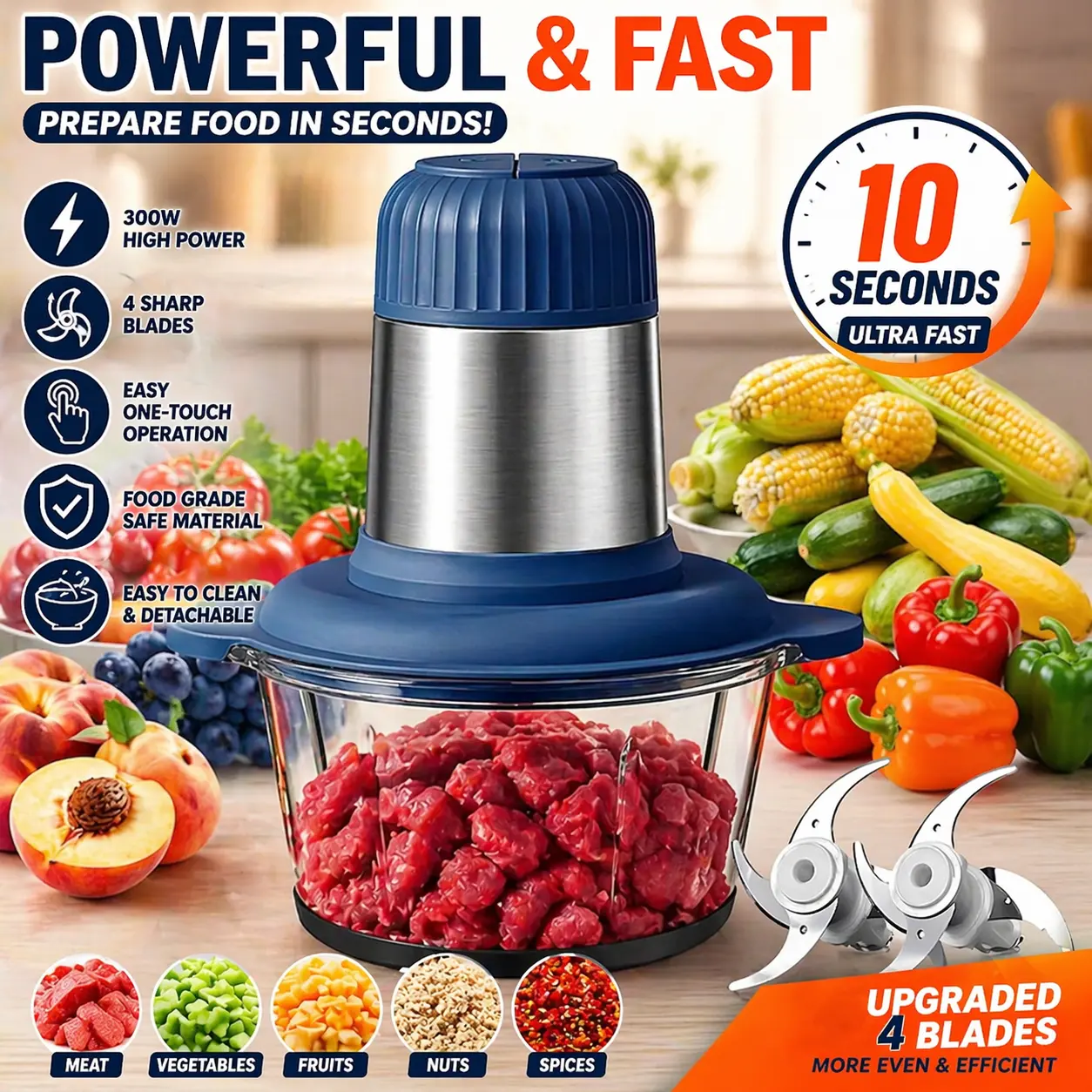 PHIND 2L Electric Food Processor & Meat Grinder, 300W Stainless Steel Kitchen Food Chopper for Vegetables, Fruit and Nuts, 8-Cup Glass Bowl, Dual Speed Control, 4 Bi-Level Blades, Safety Protection
