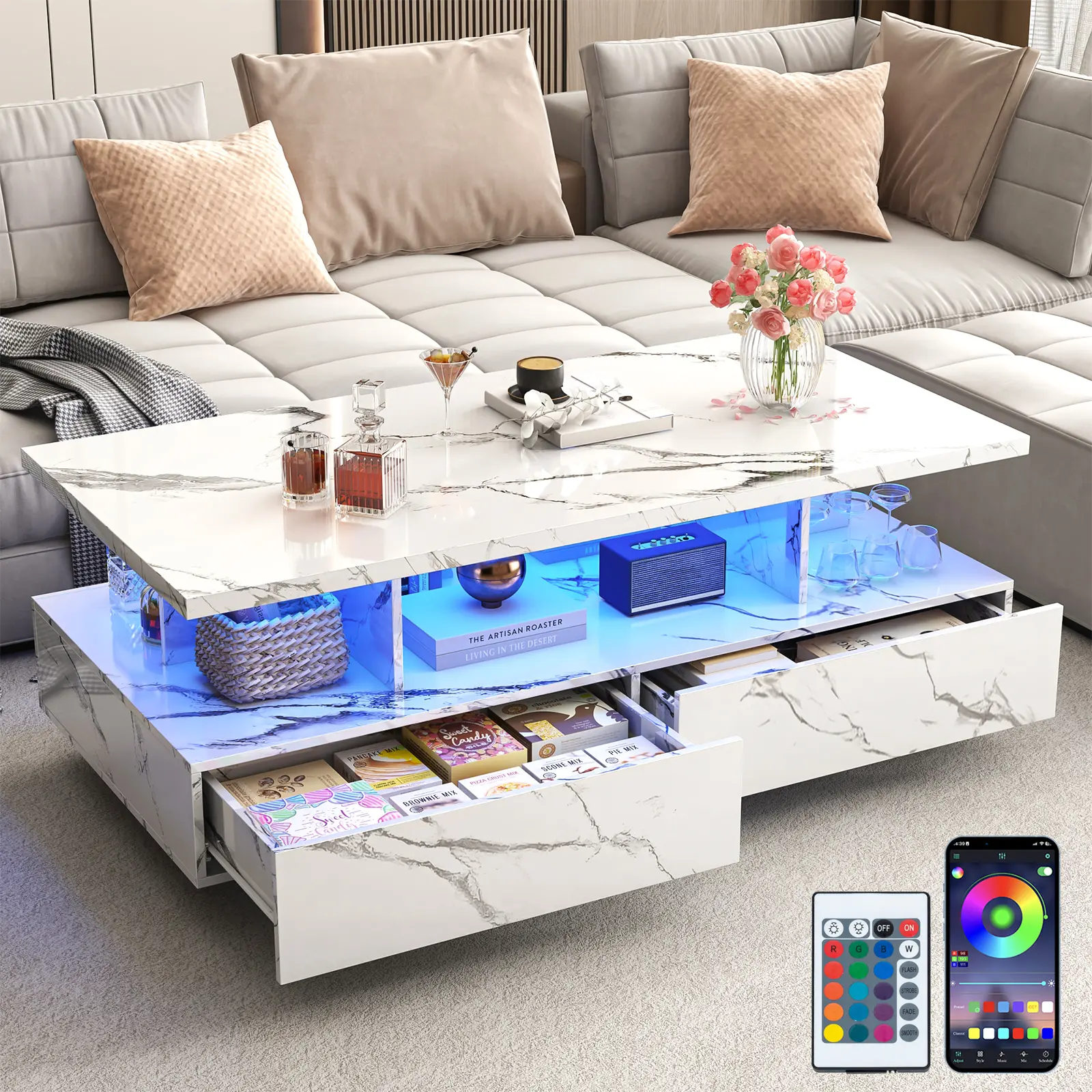 43" LED Coffee Table with 2 Storage Drawers, High Glossy Coffee Table with 60,000-Color Lights, Modern Rectangle 2-Tier Center Table with Display Shelf for Living Room, Black/Marble Black/Marble White