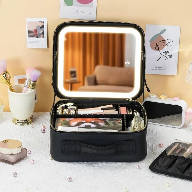 LED Lighted Travel Makeup Case, Illuminated Cosmetic Bag with Adjustable Dividers, Portable Organizer for Women, Compact Design, Cosmetics Organizer LED Lighted Travel Makeup Case, Illuminated Cosmetic Bag with Adjustable Dividers, Portable Organizer for Women, Compact Design, Cosmetics Organizer