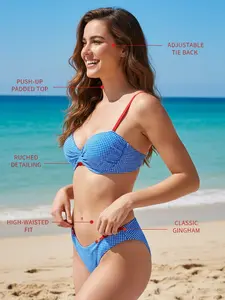 Women's 2-Piece Gingham Bikini Set - Push-Up Padded Tie Backless Thong, Vintage Ruched High-Waisted Bathing Suit women outdoorfun
