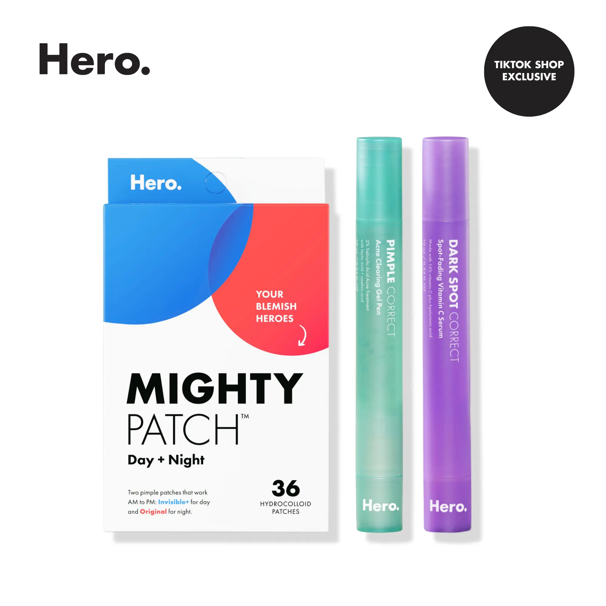 Hero Mighty Patch Day & Night Pimple Patch Duo, Pimple Correct Pen, Dark Spot Correct Pen Bundle