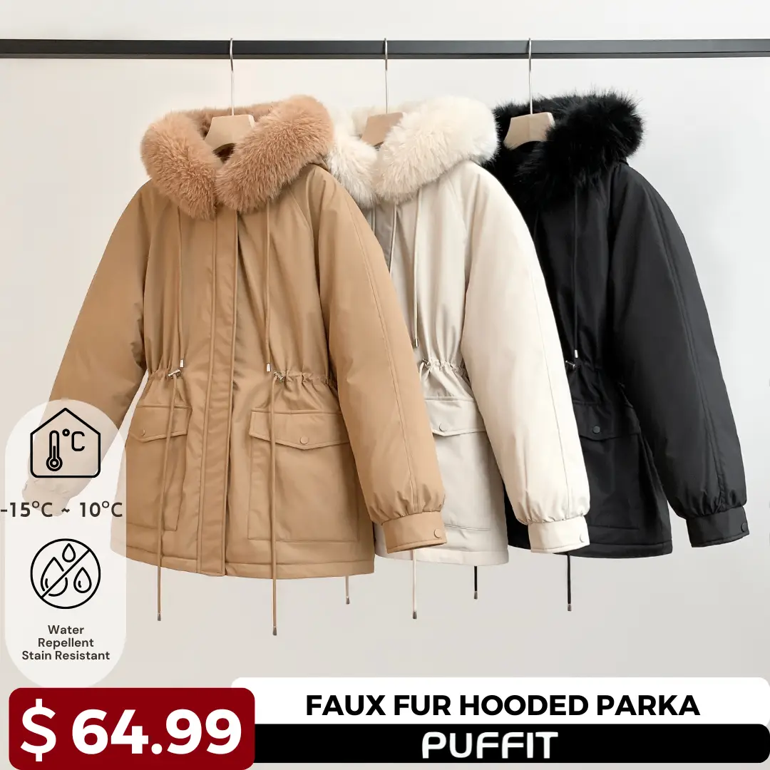 PUFFIT Faux Fur Mid-Length Hooded Drawstring Parka, Winter Warm Thickened Ladies Puffer Jackets, Fleece Lined Winter Coat for Women #FallFreshness