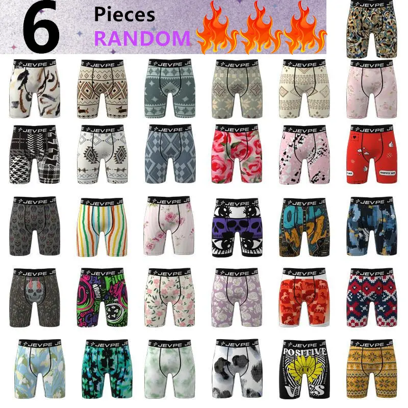 JEVPE Men's 6-Piece Print Multicolor Assortment Set Boxer Briefs, Moderate Long Leg Full Coverage Underwear, Breathable High-Elasticity Fabric, Fitted Cut for Daily Wear & Biking, Menswear, Assortment Set Men's Boxer Briefs, Graphic, Graffiti Print, No