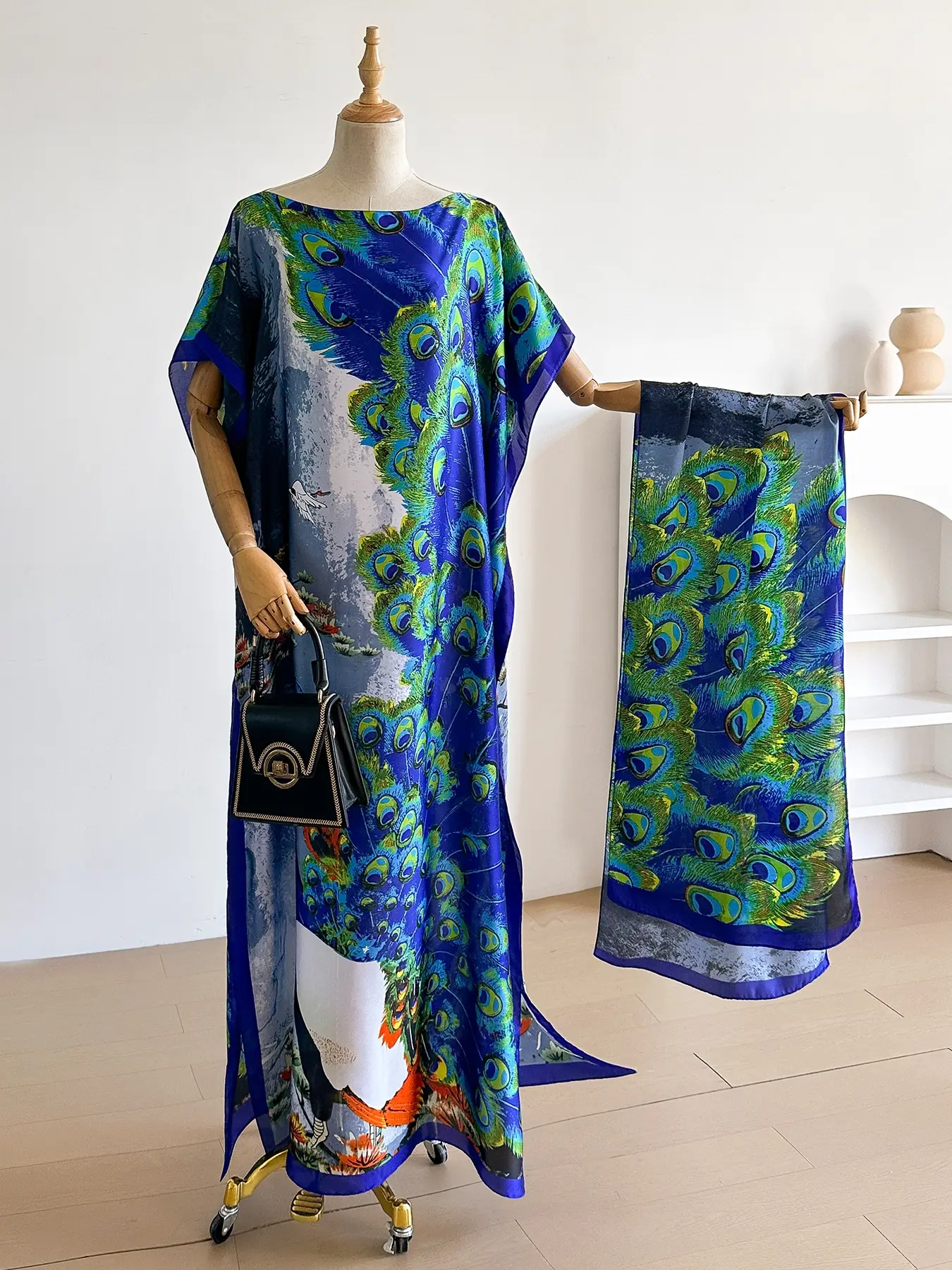 Elegant Silk Peacock Feather Print Dress Set, Long Robe & Scarf, Beach Cover-Up, Sun Protection, Beach Cover Ups, Swimwear Coverups, All Seasons Wear, Swimsuit Cover Up
