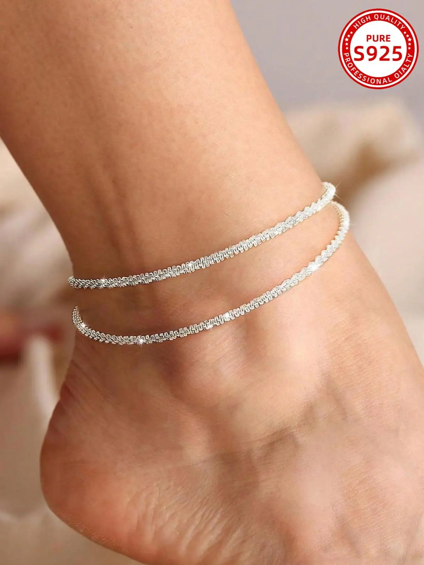 S925 Sterling Silver Glittering Layered Anklet for Women, Fashionable Minimalist Chain Anklet for Summer Beach Vacation Decor, Trendy All-match & Exqu