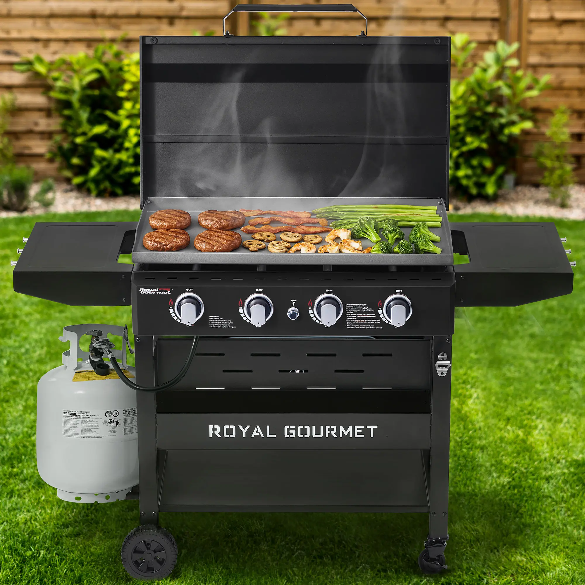 Royal Gourmet GB4000PB 36-Inch 4-Burner Gas Griddle with Hood, 52,000 BTU, 582 Sq. In. Flat Top Cooking Surface, Collapsible Side Shelves, Storage Shelf, Electronic Ignition & Wheels for Outdoor Cooking