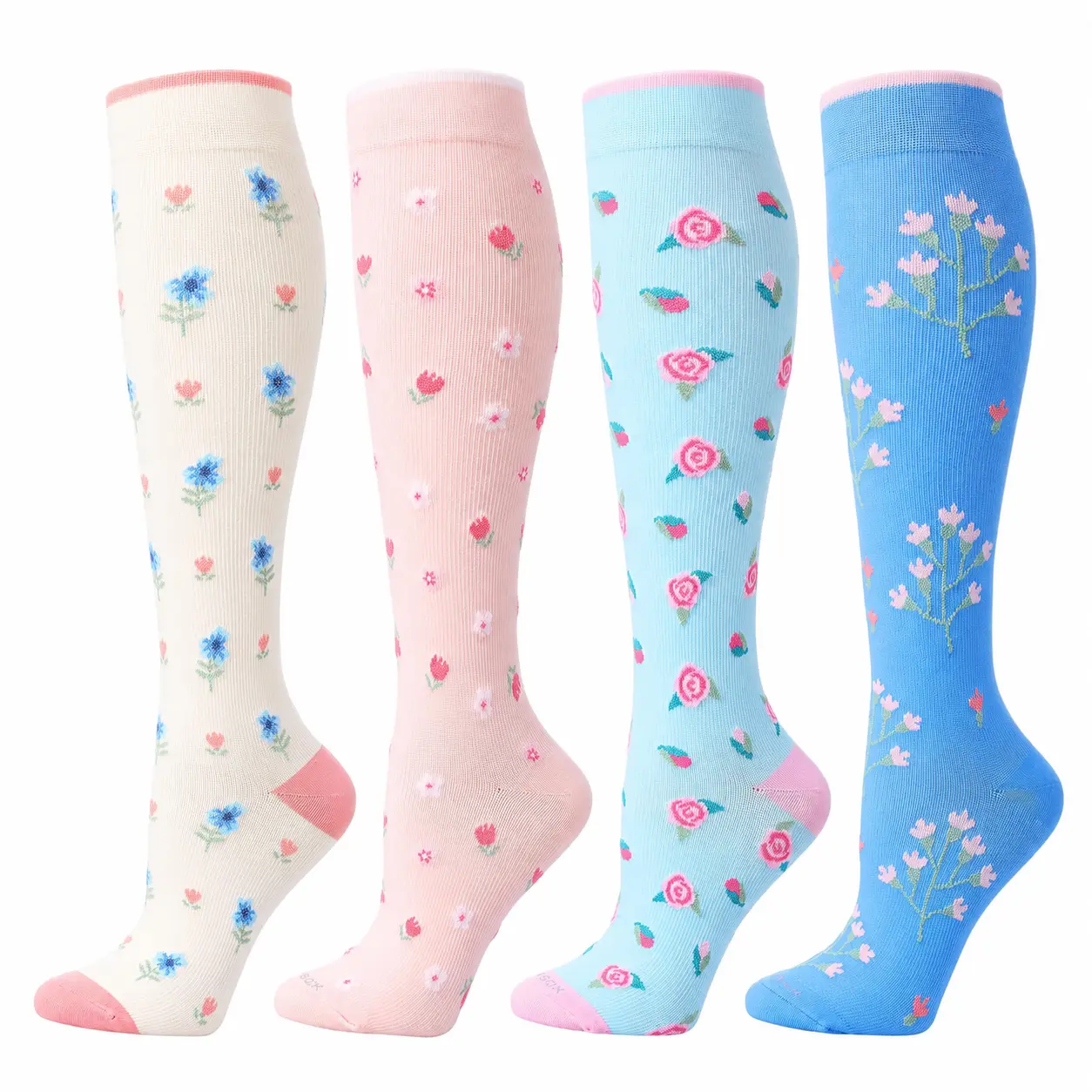LEVSOX Women's Printed Knee Socks - 4 Pairs, 20-30 mmHg Graduated Compression Socks for Nurses, Work & Travel (Fits Men Too)