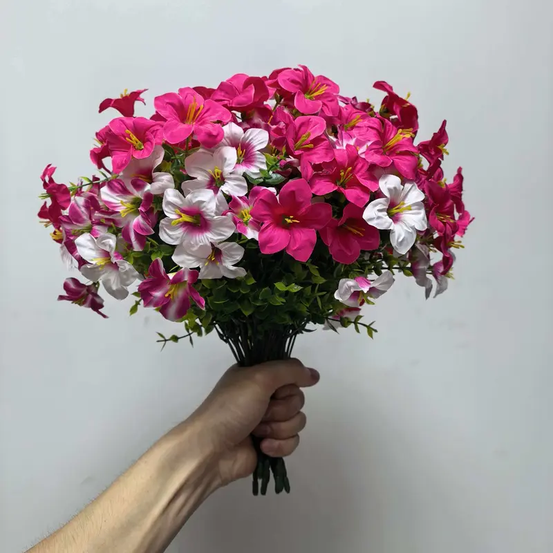 12PCS Artificial Flowers for Outdoors, Artificial Petunias with Eucalyptus, UV Resistant, Fake Flowers for Outside Use in Pot, Front Door, Porch, Hanging Basket and Other Outdoor Spaces, Artificial Hanging Plants, Artificial Flower Decorations