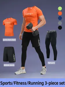 Men's 3-Piece Sports Set, Tight Short Sleeve T-Shirt + Loose Shorts + Compression Pants, Elastic Comfortable Fabric, Ideal for Gym, Running, Hiking
