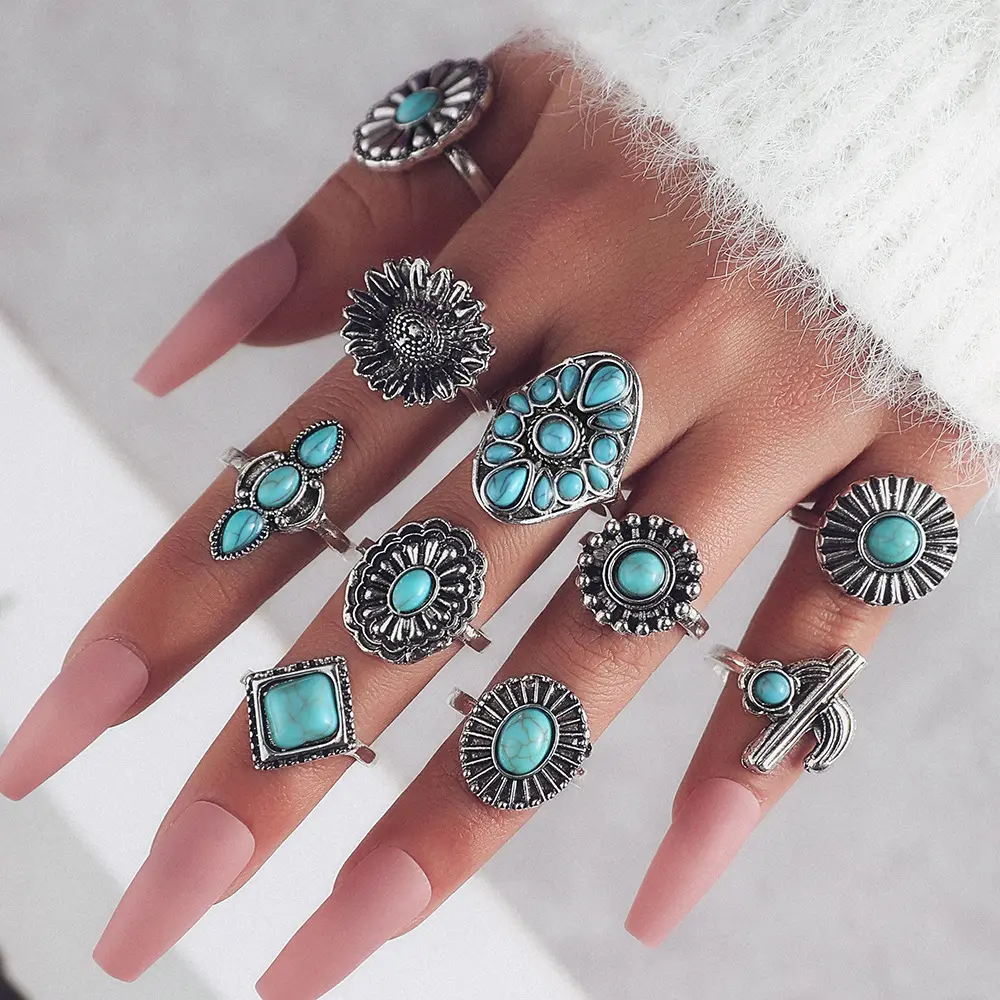 Bohemian Vintage Rings Set - 10 Adjustable Open Turquoise Alloy Rings, Stackable Funky Alternative Artistic Colorful Stone Asymmetric Jewelry for Fun Accessory Lovers, Funky Rings