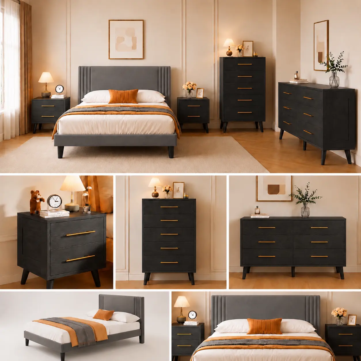 GIZOON 5-Piece Black Indoor Bedroom Dressing Set - Queen Bed Frame, 5-Drawer Dresser, 6-Drawer Dresser, 2 Nightstands