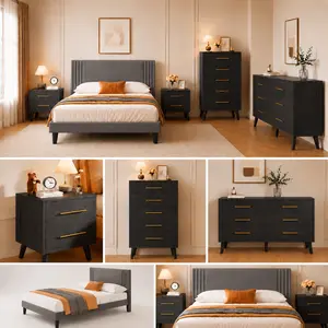 GIZOON 5-Piece Black Indoor Bedroom Dressing Set - Queen Bed Frame, 5-Drawer Dresser, 6-Drawer Dresser, 2 Nightstands