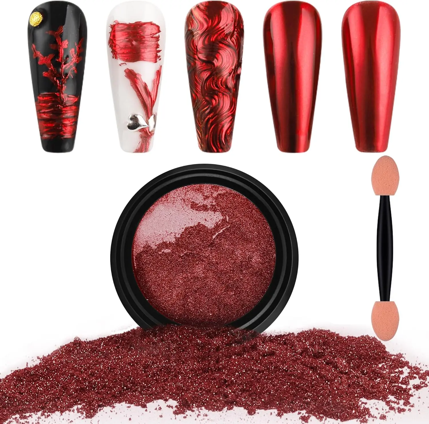 Chrome Nail Powder Kit with 1g Jar - Red Iridescent Aurora Metallic Dust, Easy-Apply Pearl Glitter, Mirror Shine Mermaid Powder for Nail Art Decoration