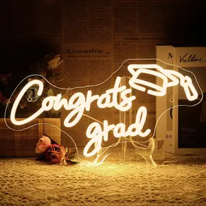 Congrats Grad Neon Sign Grad Neon Signs for Wall Decor, Warm White LED Signs for Classmates friends family, USB Neon Word Sign for Party Club Light Up Sign,   for graduating friend